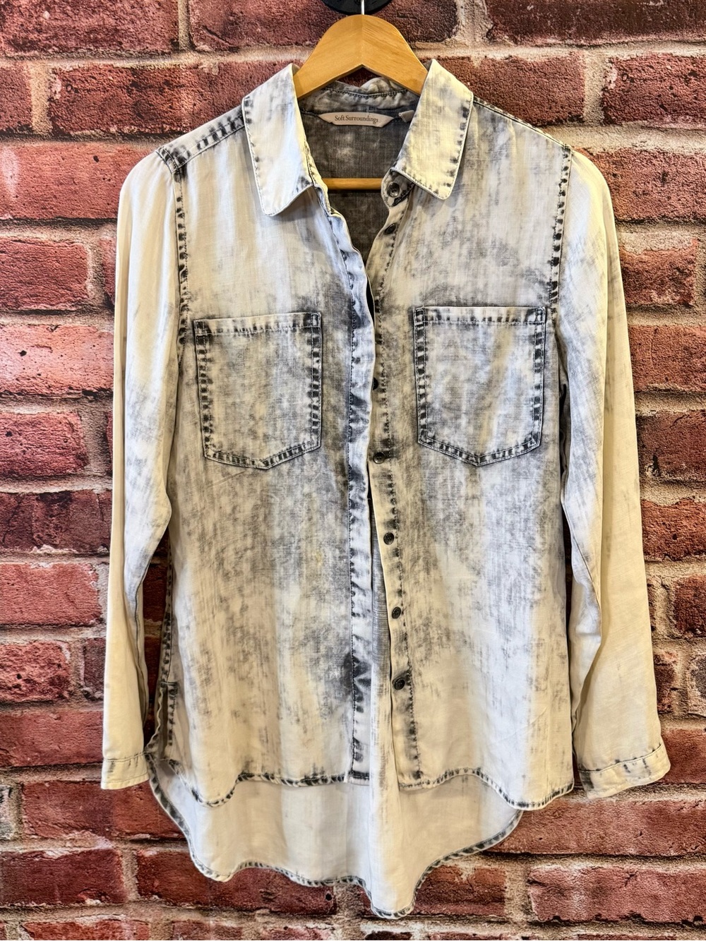 Soft Surroundings Distressed Light Denim Button-Down Shirt